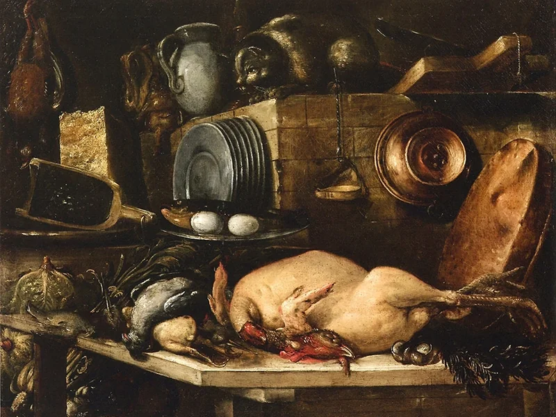 1594-Bartolomeo Arbotori - Cucina con tacchino spennato, piatti e gatto